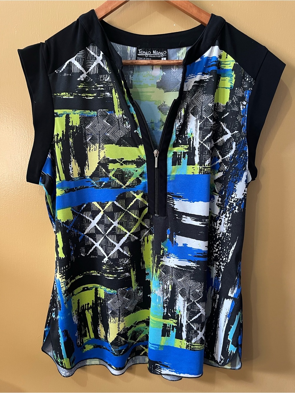 Tango Mango Printed Zip Front Top in Black, Blue & Lime
